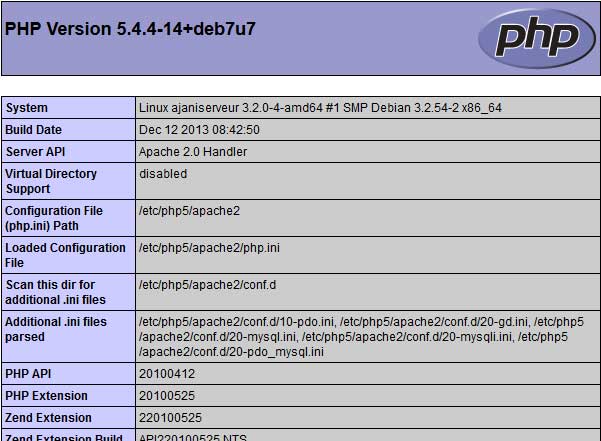 Capture d'un phpinfo d'un serveur sous Raspbian