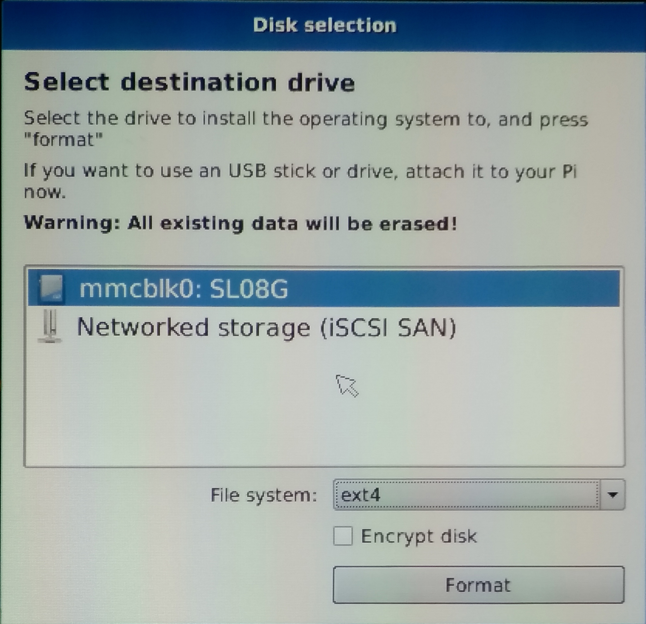 Fenêtre de choix du disque ou installer l'OS