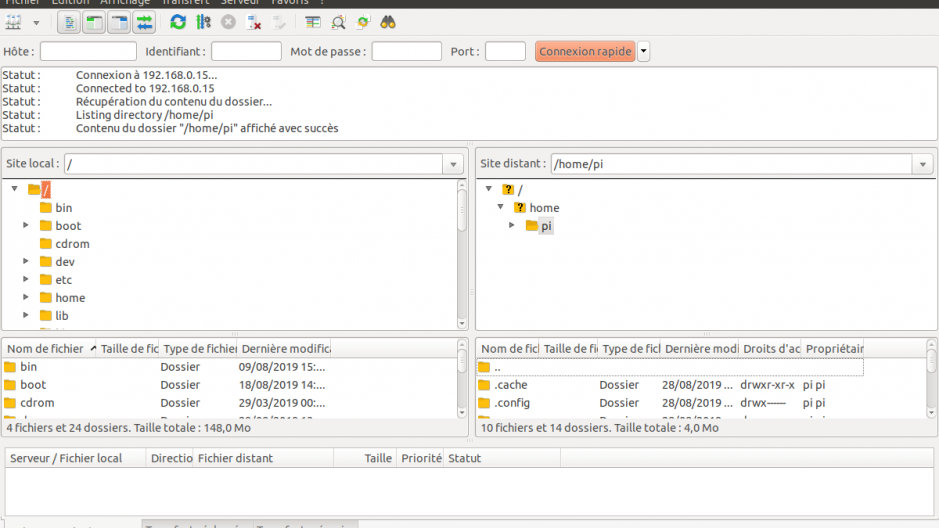 FileZilla interface with SFTP connection to the server.