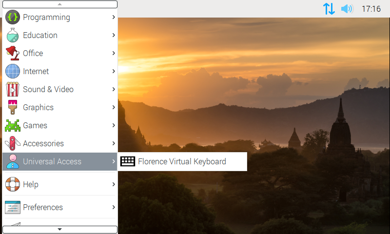 Raccourci clavier virtuel menu raspbian