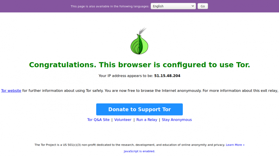 Pagina di verifica Tor.