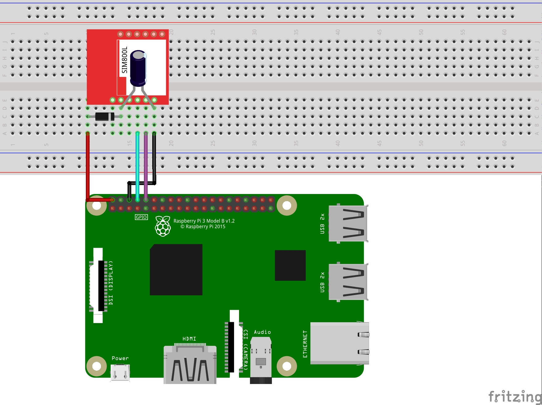 Gemonteerd met een SIM800L en een Raspberry.